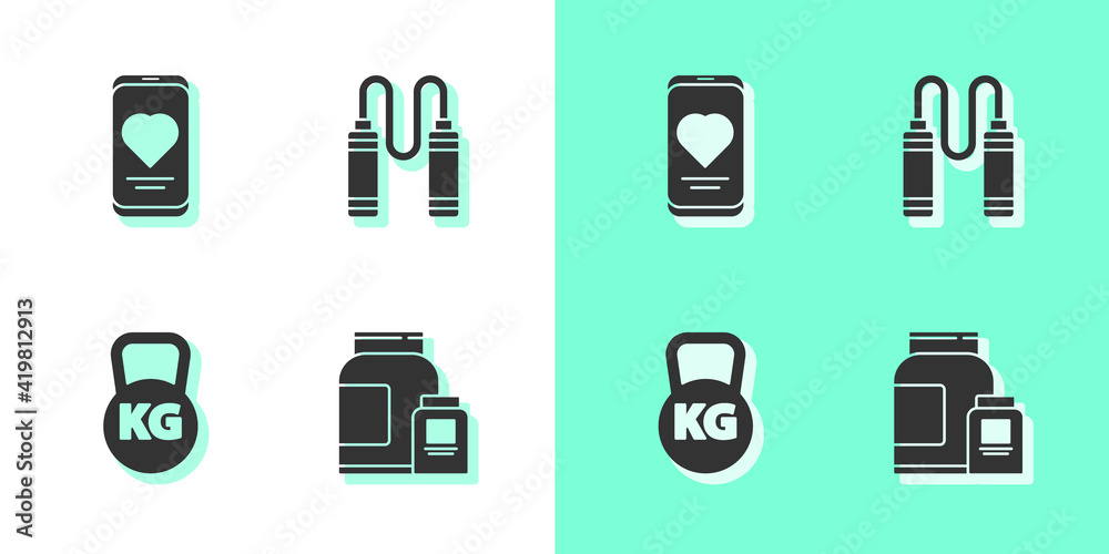 Set Sports nutrition, Mobile with heart rate, Kettlebell and Jump rope icon. Vector. Set Sports nutrition, Mobile with heart rate, Kettlebell and Jump rope icon. Vector.