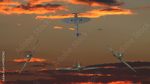 vintage plane formation over the sunset