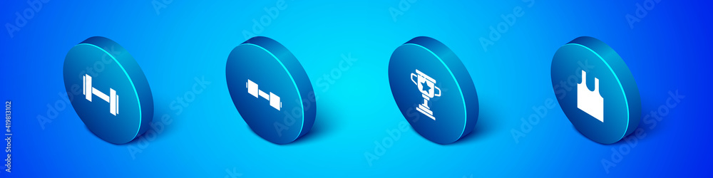 Set Isometric Dumbbell, Award cup, Sleeveless T-shirt and icon. Vector. Set Isometric Dumbbell, Award cup, Sleeveless T-shirt and icon. Vector.