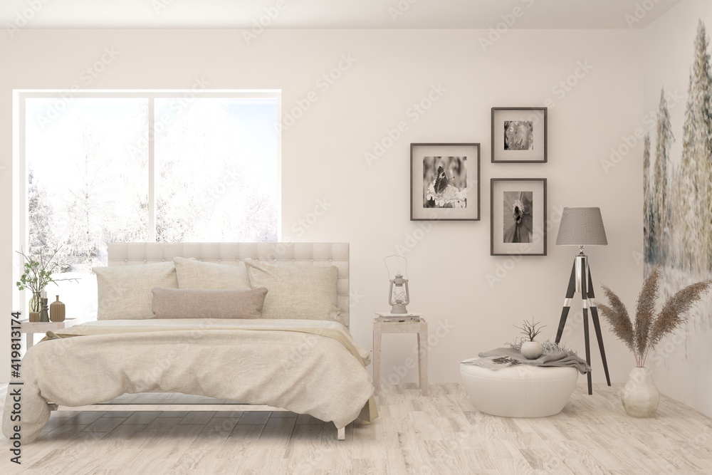 Fototapeta premium White living room with sofa. Scandinavian interior design. 3D illustration