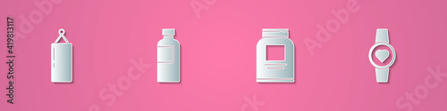Set paper cut Punching bag, Fitness shaker, Sports nutrition and Smartwatch icon. Paper art style. Vector.