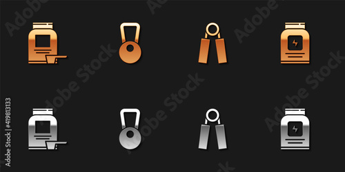 Set Sports nutrition, Kettlebell, expander and icon. Vector.