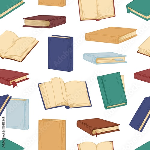 Seamless pattern with open and closed books on white background. Endless library texture with textbooks for printing or decoration. Hand-drawn colored vector illustration in retro style