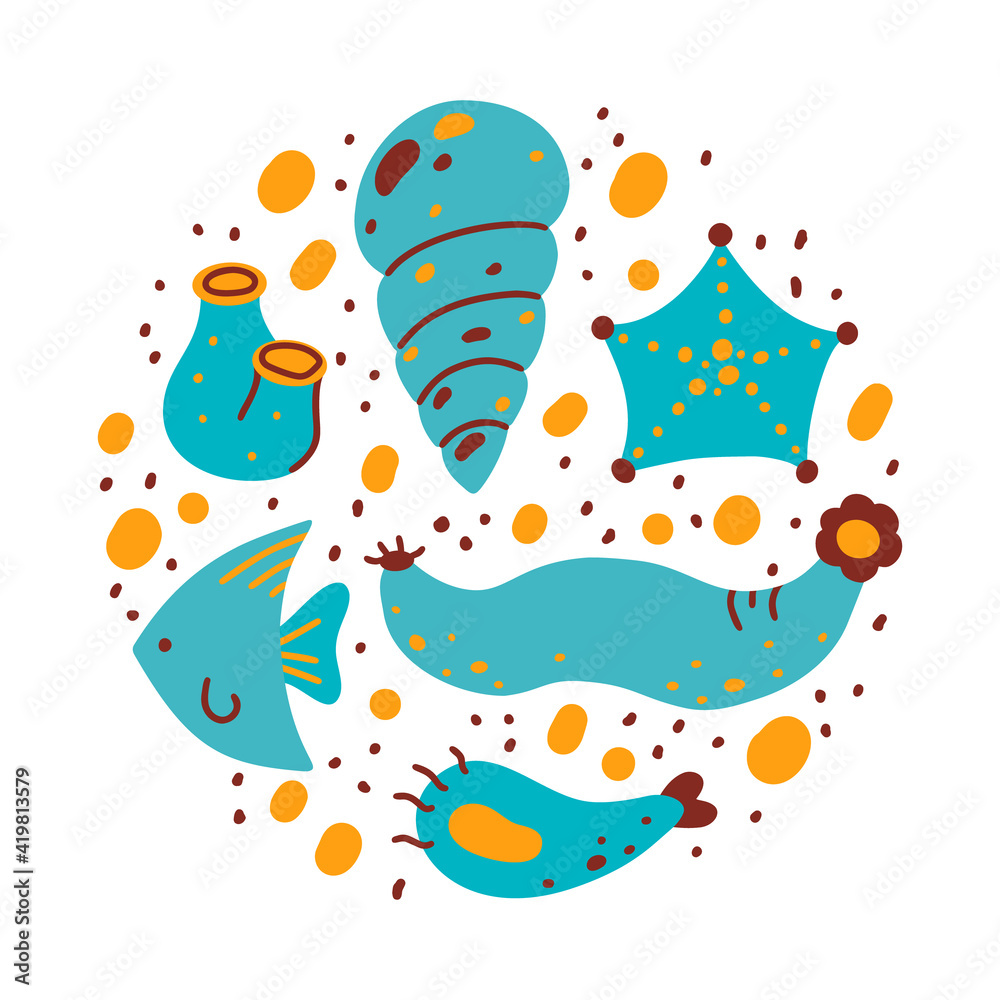 Marine life. Round cartoon hand drawn illustration. Starfish, shellfish, actinia, fish. Childish poster, t shirt print, cover design. Flat isolated vector elements. Blue turquoise, yellow color icons