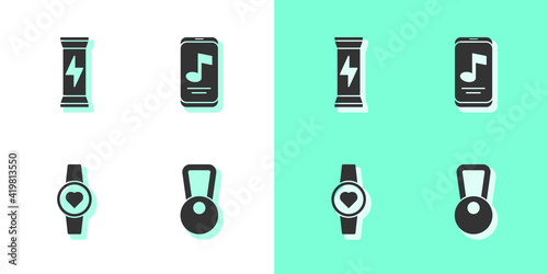 Set Kettlebell, Sports nutrition, Smartwatch and Music player icon. Vector.