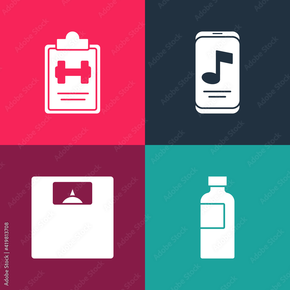 Set pop art Fitness shaker, Bathroom scales, Music player and Sport training program icon. Vector. Set pop art Fitness shaker, Bathroom scales, Music player and Sport training program icon. Vector.