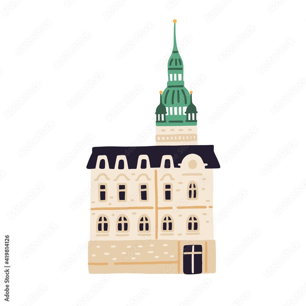 Old Town Hall in Brno. Ancient Czech building. European medieval architecture. Colored flat vector illustration of architectural landmark isolated on white background