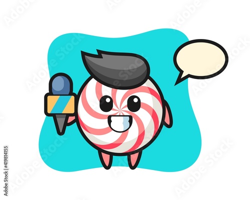 Character mascot of candy as a news reporter