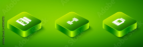 Set Isometric Dumbbell, Sports nutrition and icon. Vector.