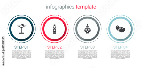 Set Margarita cocktail, Tabasco sauce, Burning candle on skull and Beans. Business infographic template. Vector.