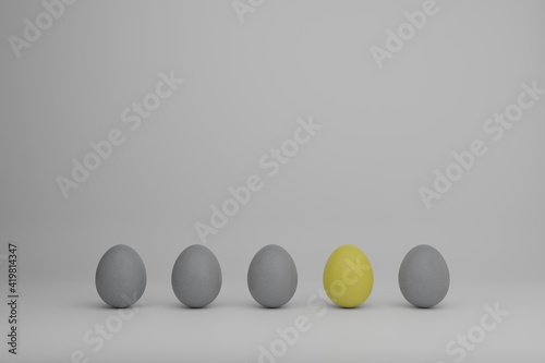 Yellow and grey eggs in a line on a white background. Concept holiday illustration in trendy colors