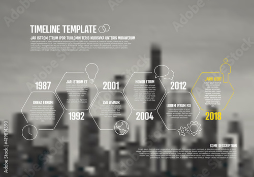 Infographic timeline template made from thin line hexagons icons and background photo