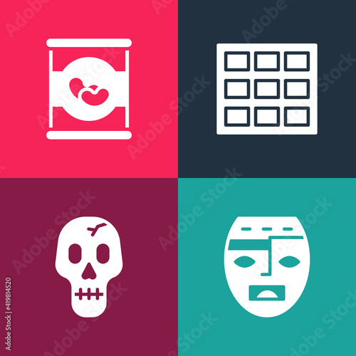 Set pop art Aztec mask, Skull, Chocolate bar and Beans in can icon. Vector.