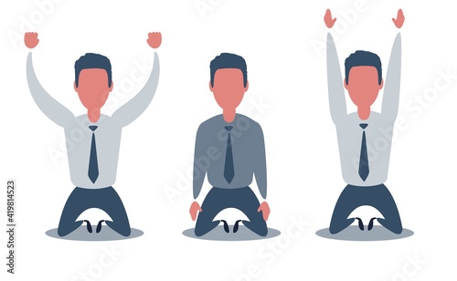 Flat depressed businessman kneeling. Bankruptcy and business failure concept. Set .Vector flat cartoon illustration