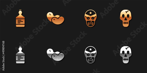 Set Tequila bottle, Beans, Mexican wrestler and Skull icon. Vector.