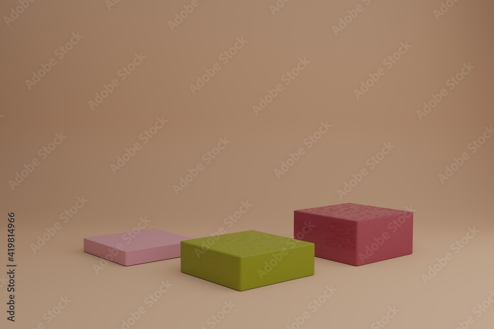 Fototapeta premium 3d modeling scene with geometric shapes in calm pastel colors. Blank showcase mockup with simple geometric elements. Empty 3d podiums for cosmetic product presentation