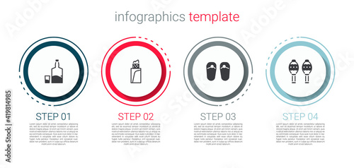 Set Tequila bottle and glass, Burrito, Flip flops and Maracas. Business infographic template. Vector.