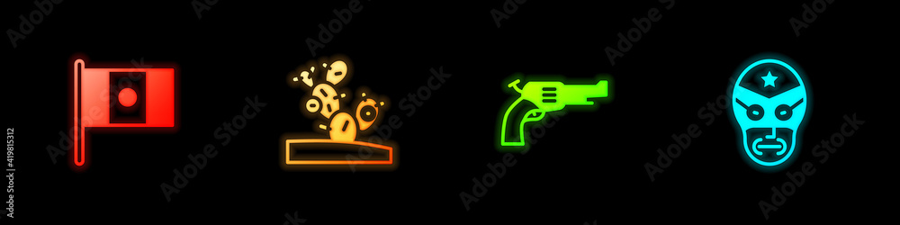 Set Mexico flag, Cactus, Revolver gun and Mexican wrestler icon. Vector.