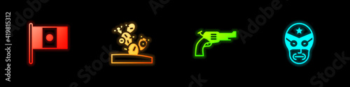 Set Mexico flag, Cactus, Revolver gun and Mexican wrestler icon. Vector.