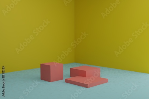 3d modeling scene with square podiums in calm pastel colors. Blank showcase mockup with simple geometric elements. Empty 3d platforms for cosmetic product presentation