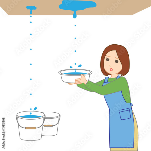 雨漏りのしずくを洗面器で受け止める女性のイラスト