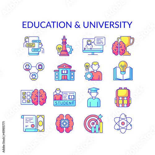 Education color icons set. University structure. Knowledge concept. Online learning. Thin line customizable illustration. Contour symbol. Vector isolated outline drawing.