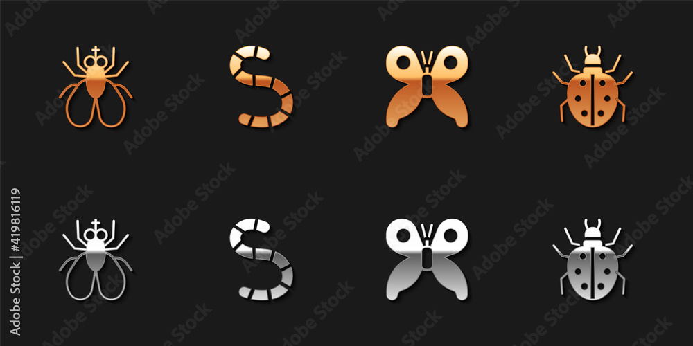 Fototapeta premium Set Insect fly, Worm, Butterfly and Mite icon. Vector.