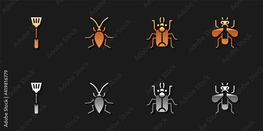 Set Fly swatter, Cockroach, Beetle bug and Insect fly icon. Vector. Set Fly swatter, Cockroach, Beetle bug and Insect fly icon. Vector.