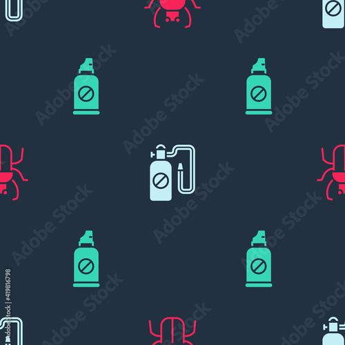 Set Stink bug, Pressure sprayer and Spray against insects on seamless pattern. Vector.