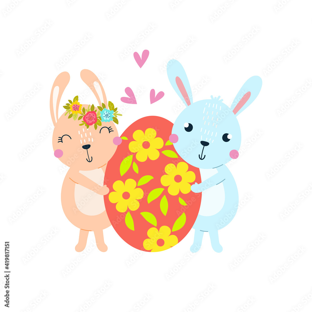 Obraz premium Two cute bunnies are carrying an Easter egg.