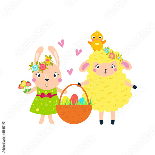 Easter lamb  rabbit chick carry a basket of eggs.