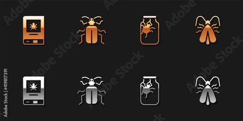 Set Book about insect, Chafer beetle, Spider jar and Clothes moth icon. Vector.