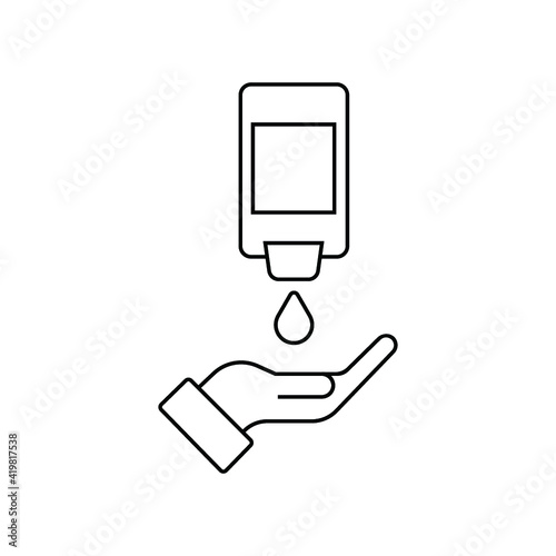 Wall-Mount hand sanitizer dispenser with a hand. Line icon. Automatic wall hanging liquid soap bottle. Washing and disinfecting hands.