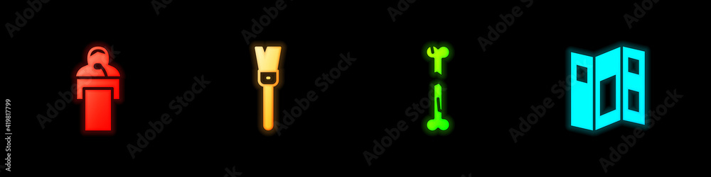 Set Gives lecture, Paint brush, Human broken bone and Museum guide brochure icon. Vector. Set Gives lecture, Paint brush, Human broken bone and Museum guide brochure icon. Vector.