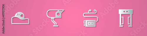 Set paper cut Human skull, Security camera, Museum audio guide and Metal detector icon. Paper art style. Vector.