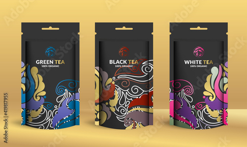 Colorful tea packaging design with zip pouch bag mockup. Vector ornament template. Elegant, classic elements. Great for food, drink and other package types. Can be used for background and wallpaper.