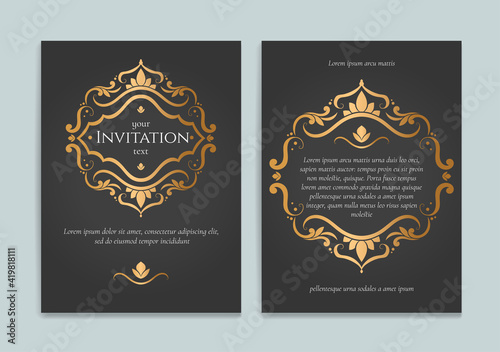 Black vector greeting card with golden luxury frame template. Great for invitation, flyer, menu, brochure, monogram, background, wallpaper, decoration, packaging or any desired idea.