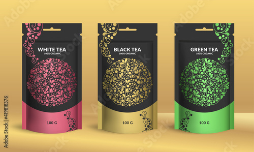 Set of tea packaging design with zip pouch bag mockup. Vector ornament template. Elegant, classic elements. Great for food, drink and other package types. Can be used for background and wallpaper.