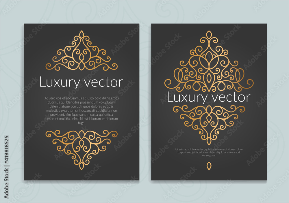 Gold and black vector greeting card with luxury frame template. Great for invitation, flyer, menu, brochure, monogram, background, wallpaper, decoration, packaging or any desired idea. Gold and black vector greeting card with luxury frame template. Great for invitation, flyer, menu, brochure, monogram, background, wallpaper, decoration, packaging or any desired idea.