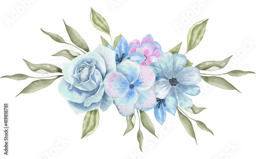 watercolor flowers. flower illustration blue rose. branch of flowers isolated on white background. Leaf and buds. Cute composition for wedding or postcard