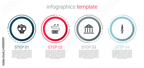 Set Broken human skull, Museum audio guide, building and Dagger. Business infographic template. Vector.