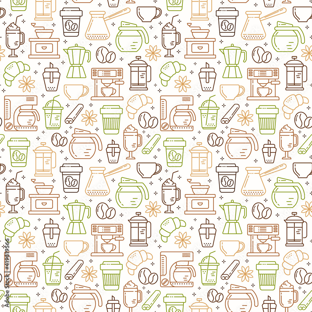 Seamless coffee pattern with line style icons. Coffee shop or cafe background.	
