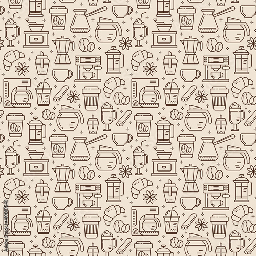 Seamless coffee pattern with line style icons. Coffee shop or cafe background.  