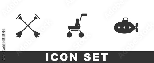 Set Arrow with sucker tip, Baby stroller and Submarine toy icon. Vector.
