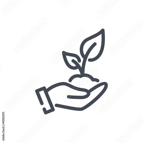 Plant in hand line icon. Hand holding plant with leaves vector outline sign.