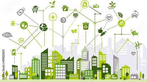 Sustainable, environmentally conscious city vector illustration. Green concept related to urban eco protection, sustainability, future ecological society, resource saving, renewable energy & recycling