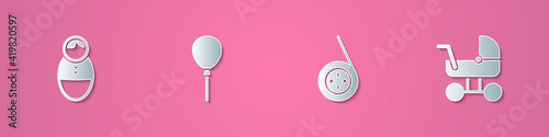 Set paper cut Tumbler doll toy, Balloons with ribbon, Yoyo and Baby stroller icon. Paper art style. Vector.
