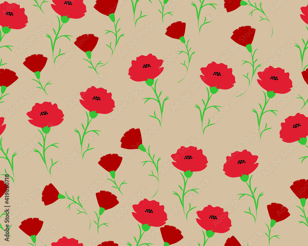 A seamless pattern of red poppies with leaves on a beige background A seamless pattern of red poppies with leaves on a beige background