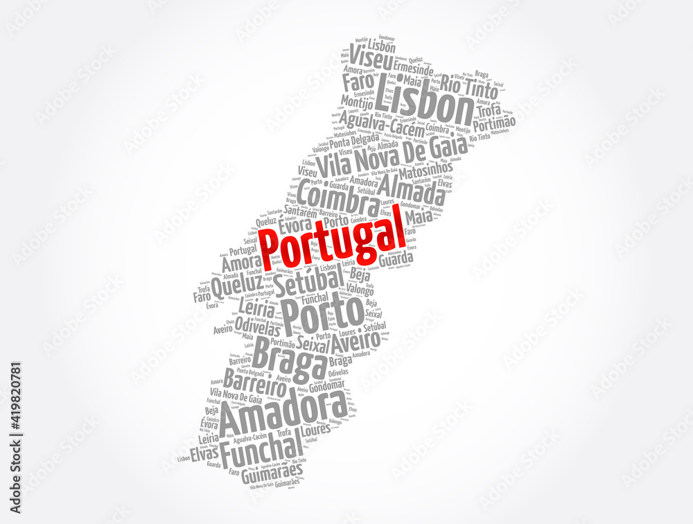 List of cities and towns in Portugal, map word cloud collage, business and travel concept background