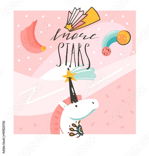 Hand drawn vector abstract graphic creative cartoon illustrations poster with unicorn with old school tattooes falling stars and handwritten calligraphy More stars isolated on white background